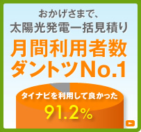 おかげさまで、太陽光発電一括見積り月間利用者ダントツNo.1!タイナビを利用して良かった 91.2%
