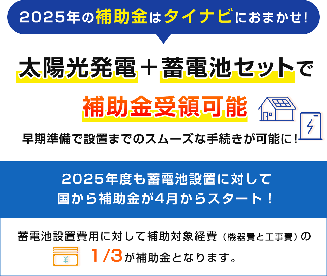 太陽光発電＋蓄電池セットで補助金受領可能